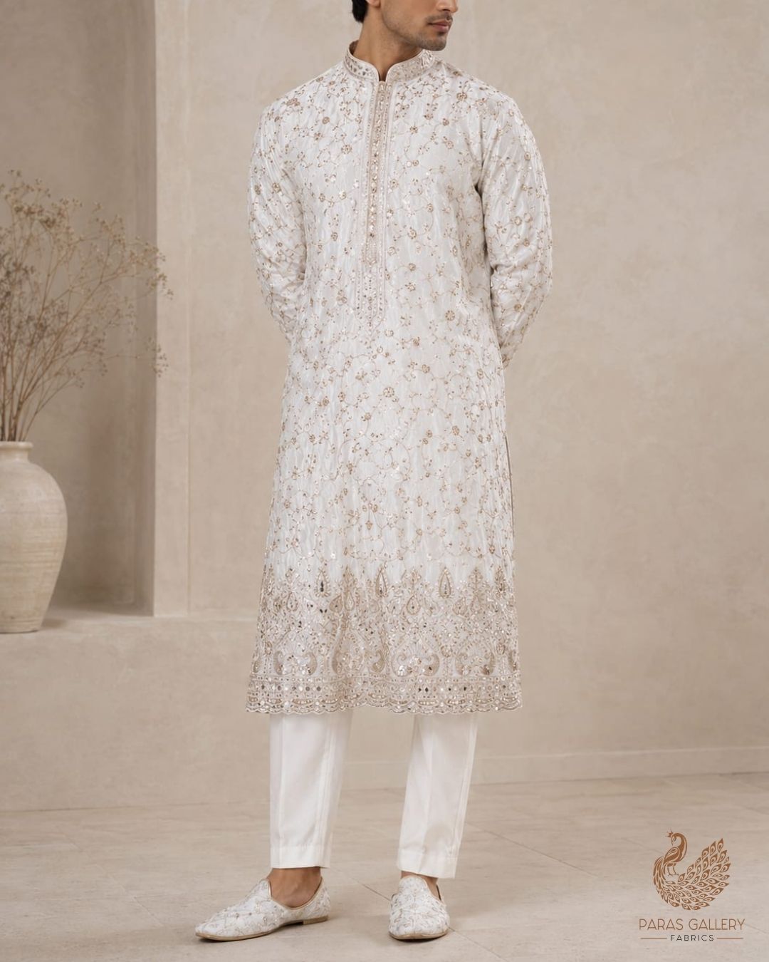 White Dyeable Crepe Fabric With All Over Zari, Sequins, Katdana, Bead And Faux Mirror Work With One Side Border 23979