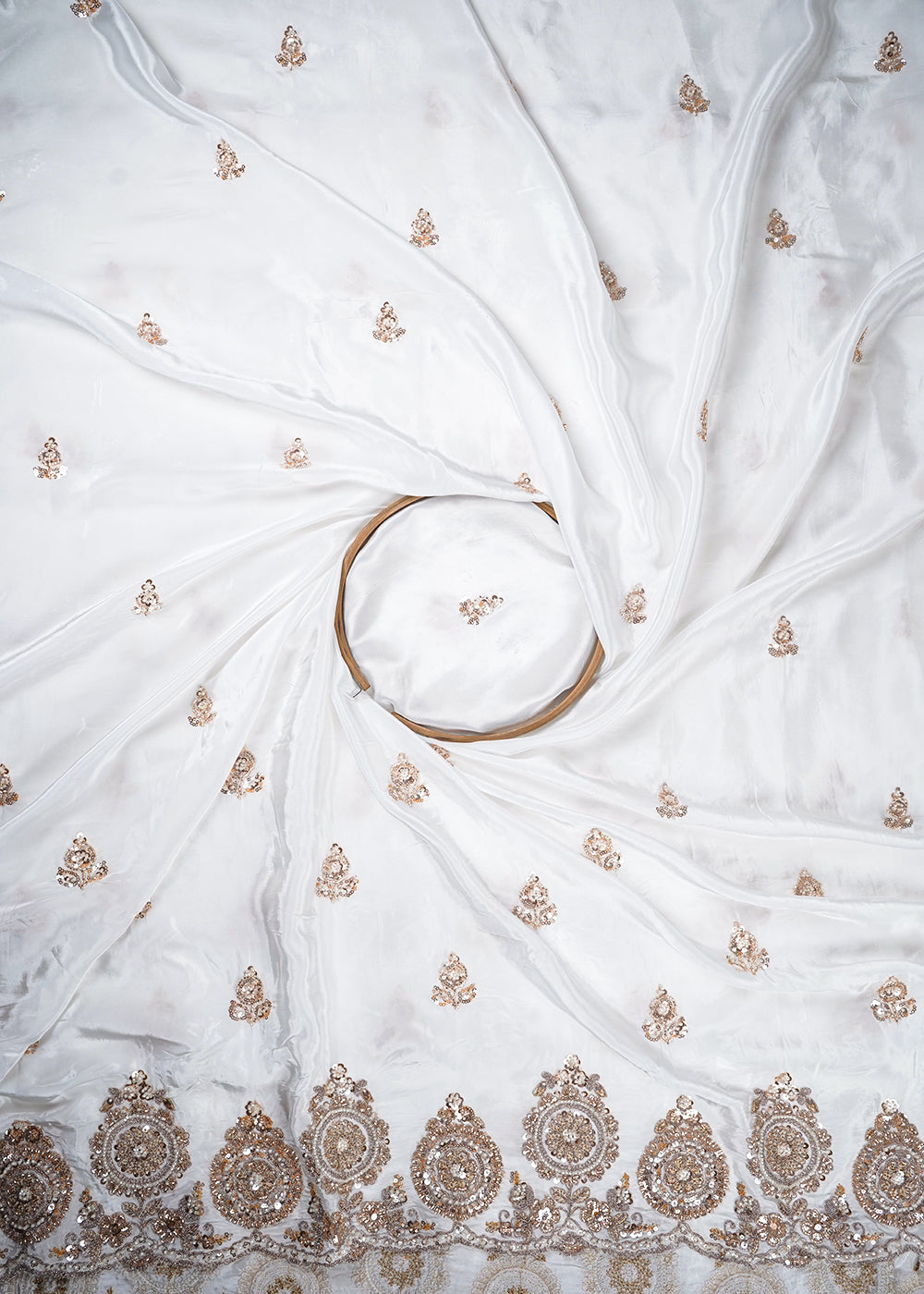 White Dyeable Crepe Fabric With All Over Zari, Sequins And Katdana Work With One Side Border 23981