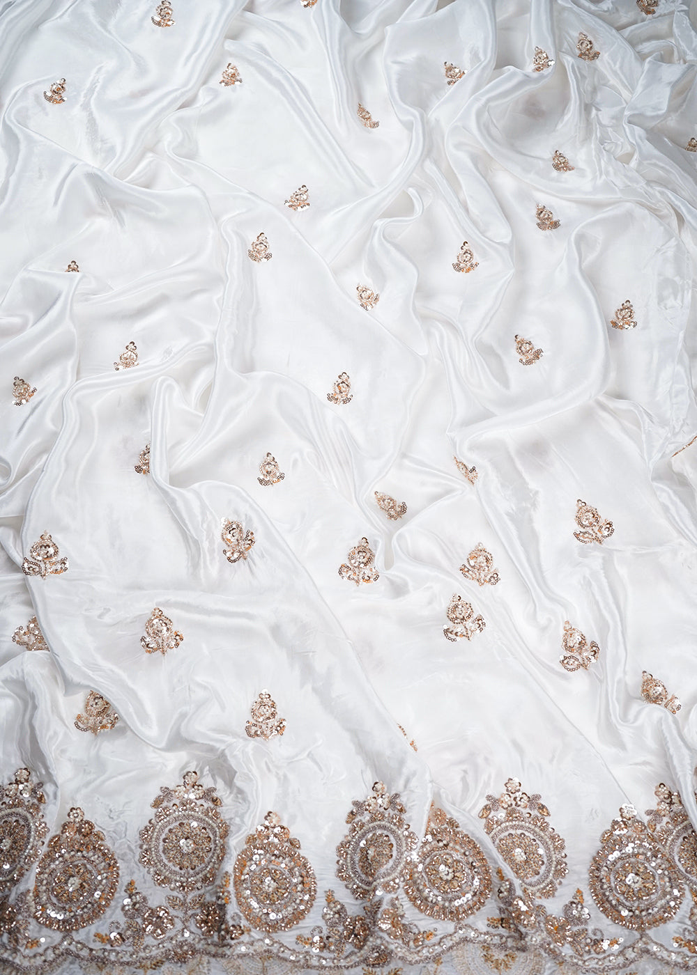 White Dyeable Crepe Fabric With All Over Zari, Sequins And Katdana Work With One Side Border 23981