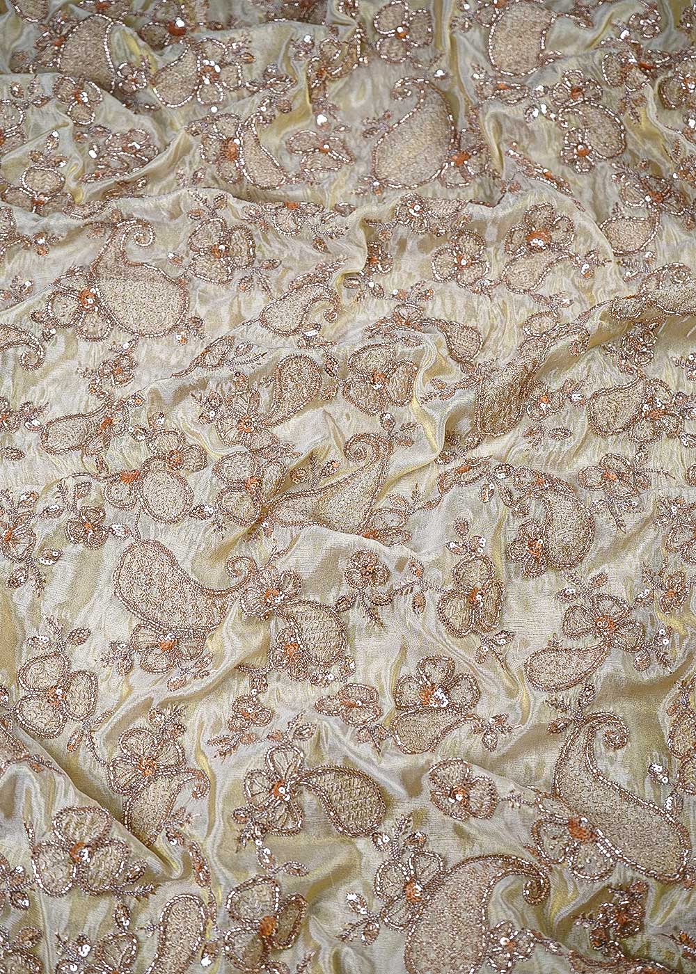Golden Dyeable Tissue Fabric With All Over Zari, Sequins And Katdana Work 23984