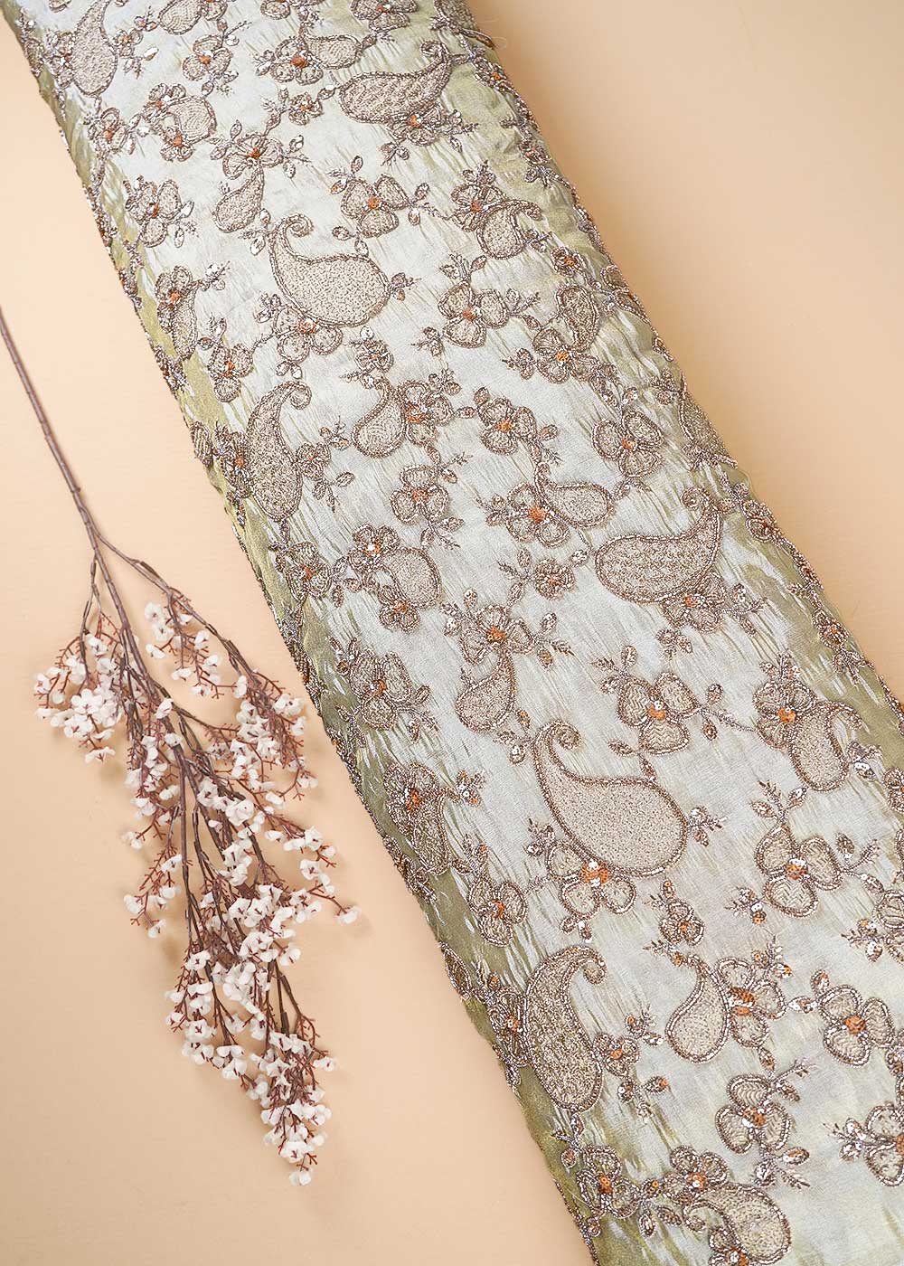 Golden Dyeable Tissue Fabric With All Over Zari, Sequins And Katdana Work 23984