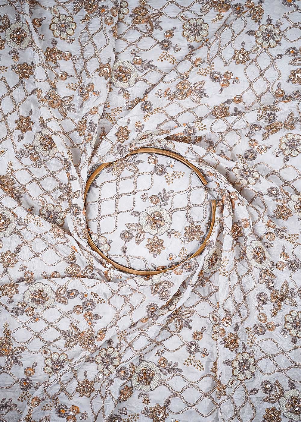 White Dyeable Crepe Fabric With All Over Zari, Sequins, Katdana And Bead Work 23986