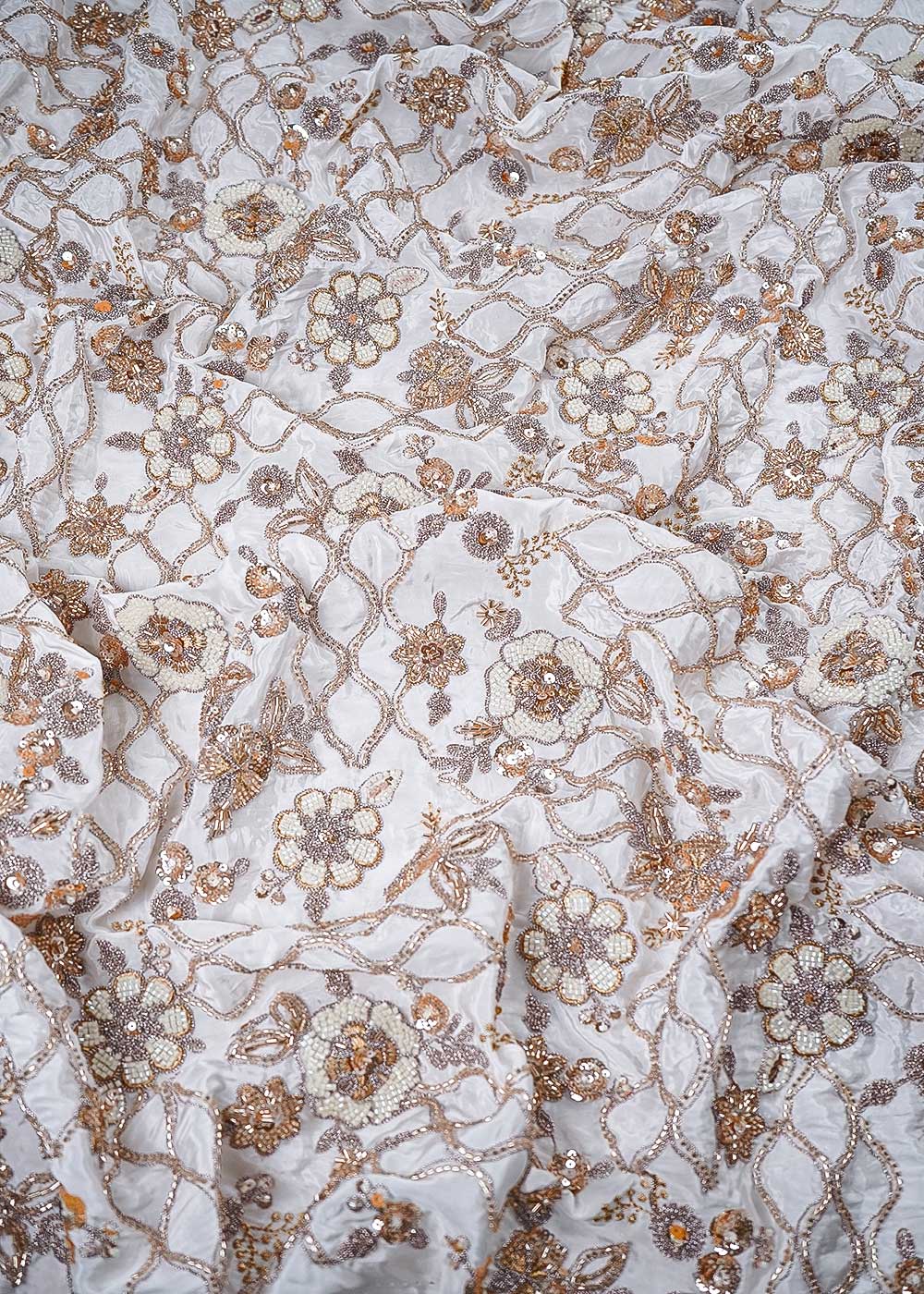 White Dyeable Crepe Fabric With All Over Zari, Sequins, Katdana And Bead Work 23986
