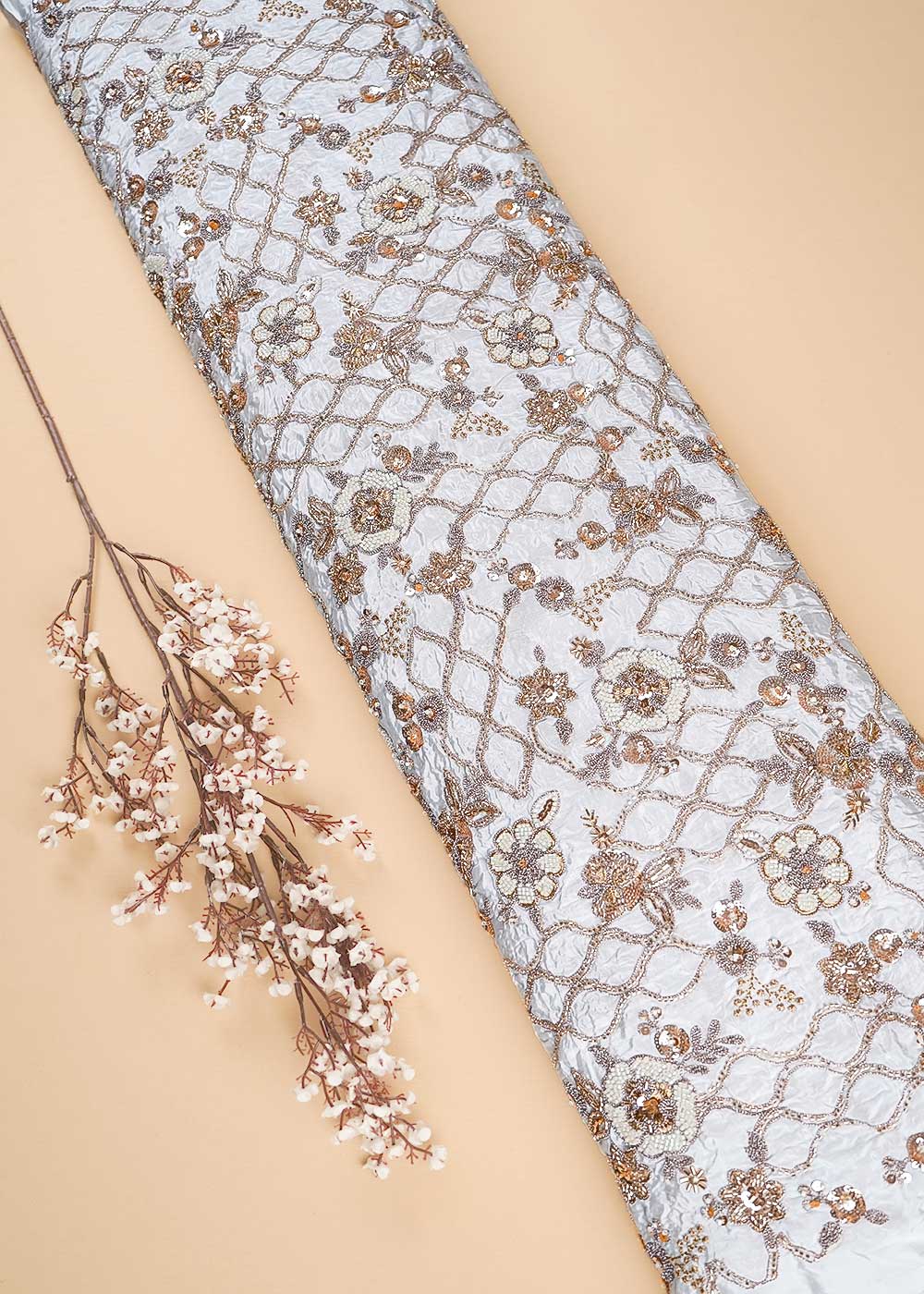 White Dyeable Crepe Fabric With All Over Zari, Sequins, Katdana And Bead Work 23986
