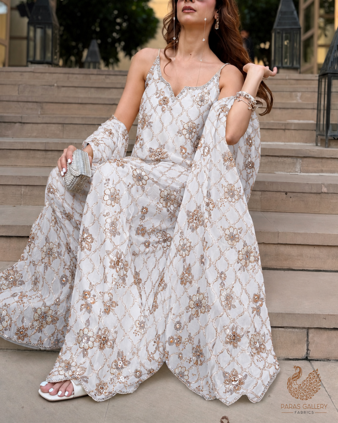 White Dyeable Crepe Fabric With All Over Zari, Sequins, Katdana And Bead Work 23986