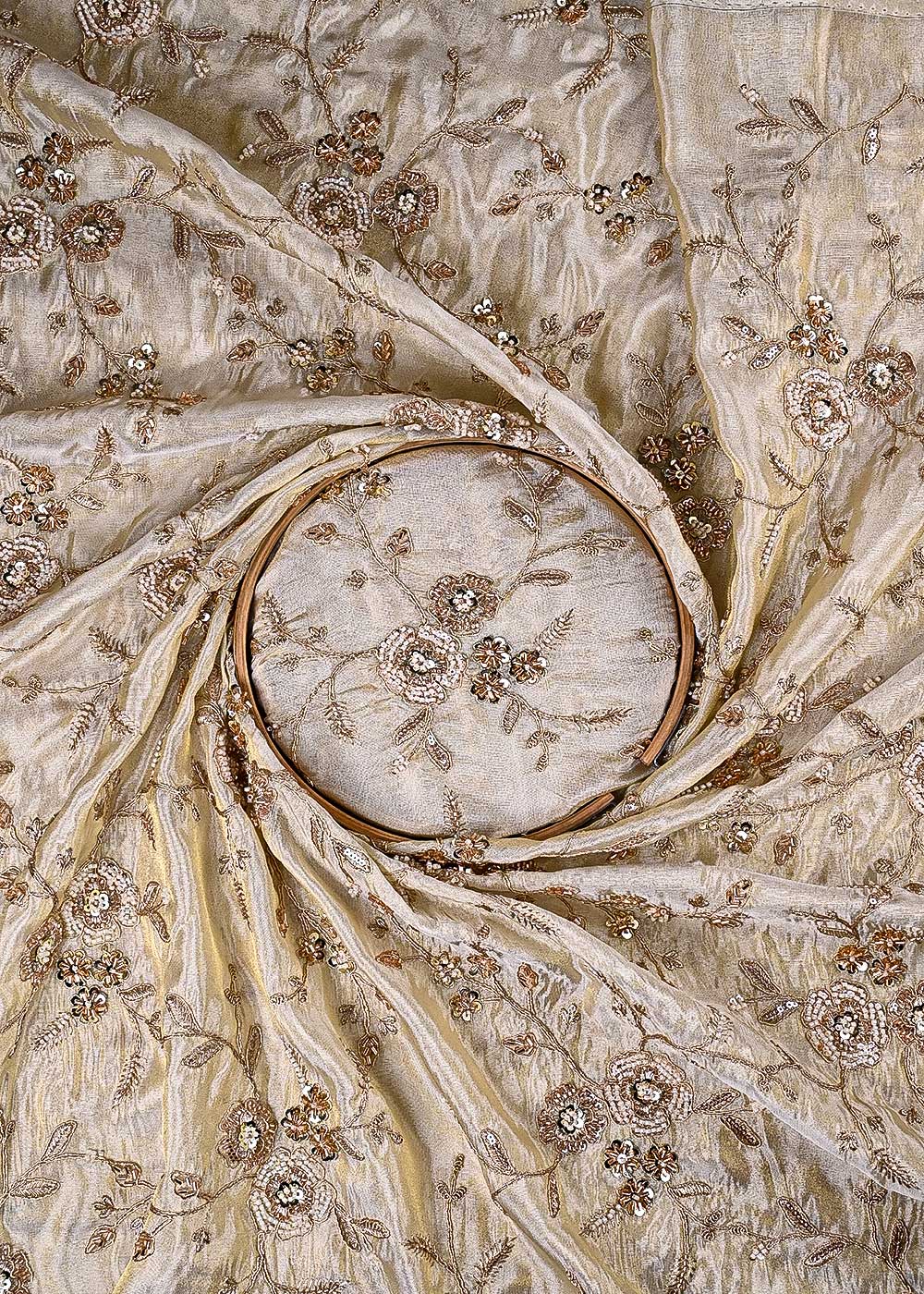 Golden Dyeable Tissue Fabric With All Over Zari, Sequins, Katdana And Bead Work 23987