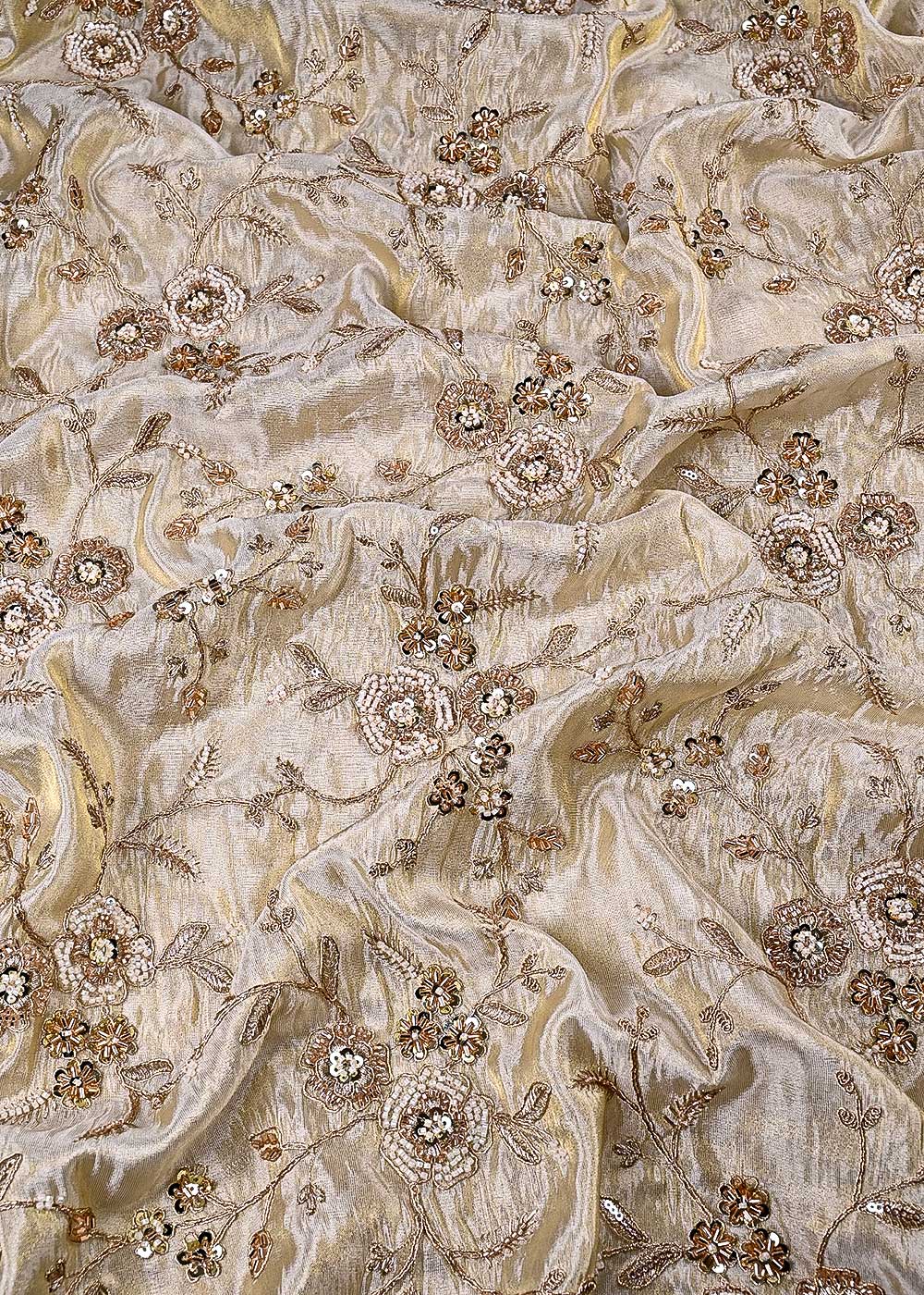 Golden Dyeable Tissue Fabric With All Over Zari, Sequins, Katdana And Bead Work 23987