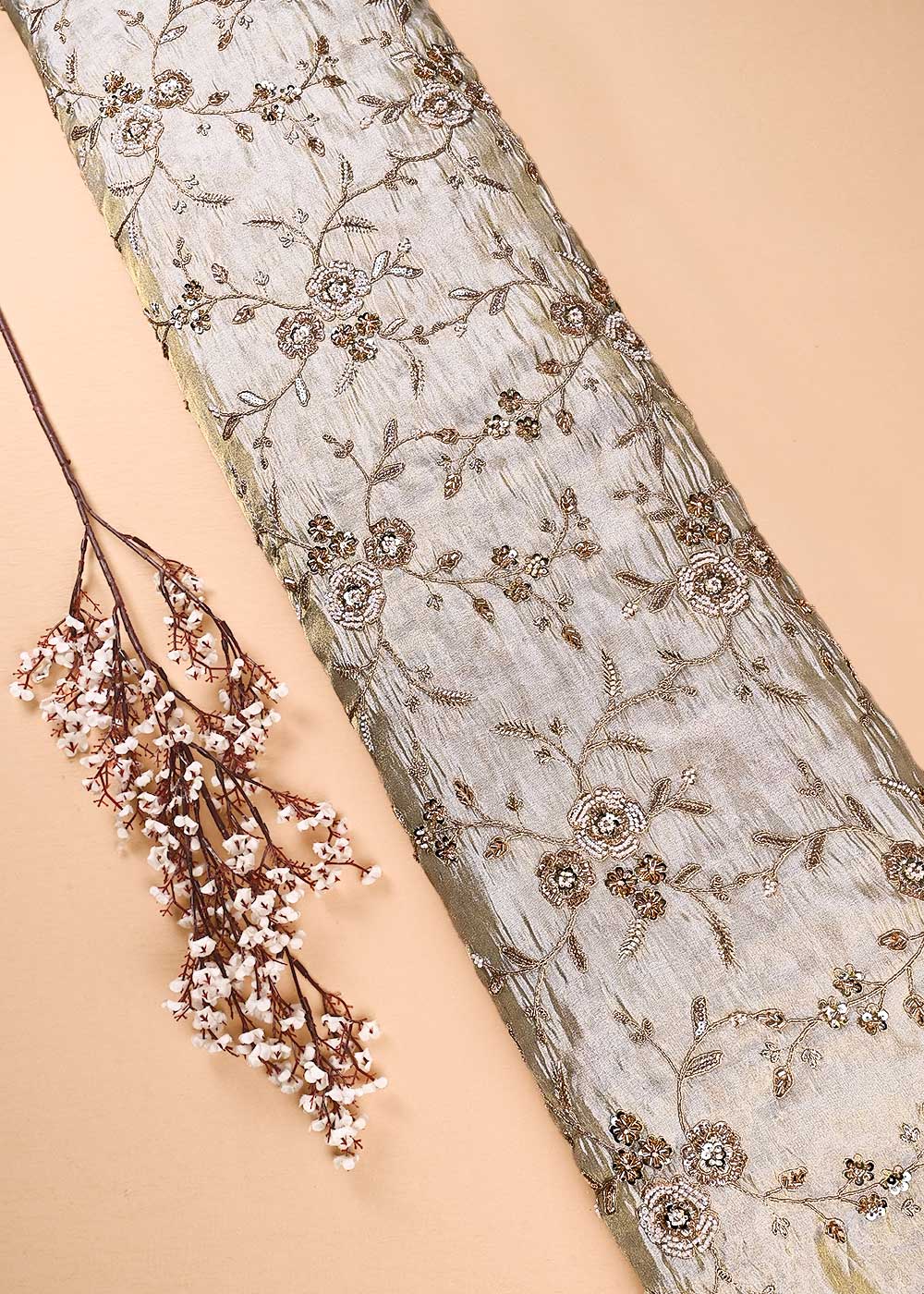 Golden Dyeable Tissue Fabric With All Over Zari, Sequins, Katdana And Bead Work 23987