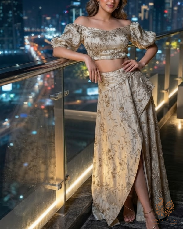 Golden Dyeable Tissue Fabric With All Over Zari, Sequins, Katdana And Bead Work 23987