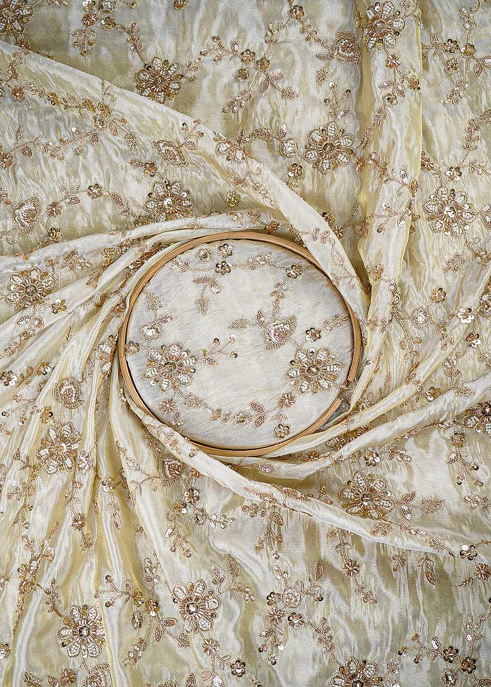 Golden Dyeable Tissue Fabric With All Over Zari, Sequins, Katdana And Bead Work 23988