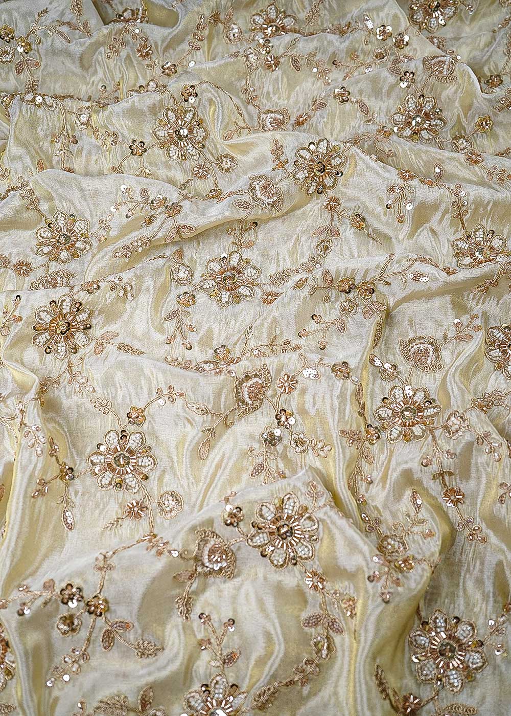 Golden Dyeable Tissue Fabric With All Over Zari, Sequins, Katdana And Bead Work 23988