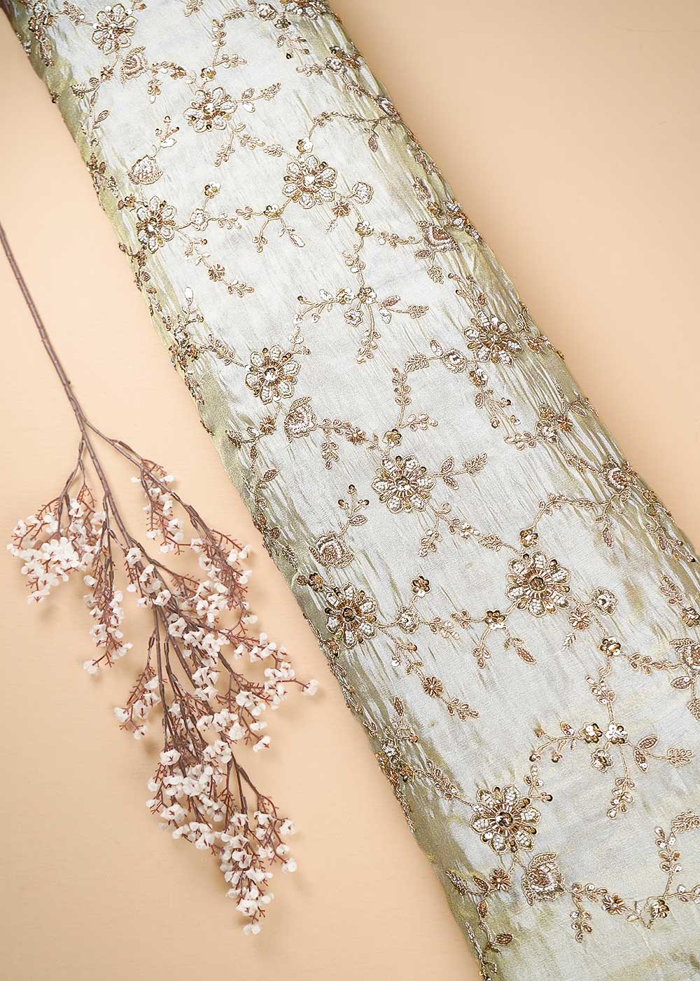 Golden Dyeable Tissue Fabric With All Over Zari, Sequins, Katdana And Bead Work 23988