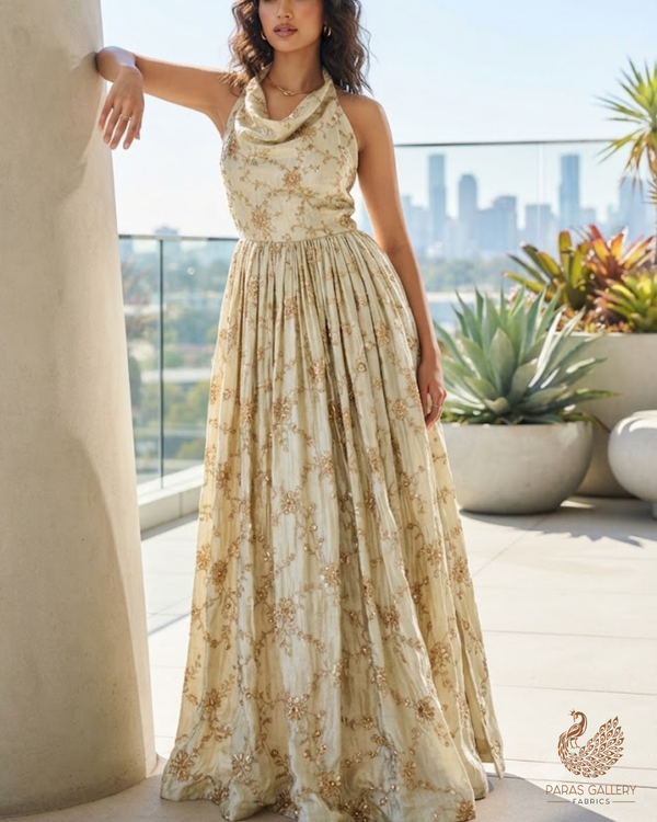 Golden Dyeable Tissue Fabric With All Over Zari, Sequins, Katdana And Bead Work 23988