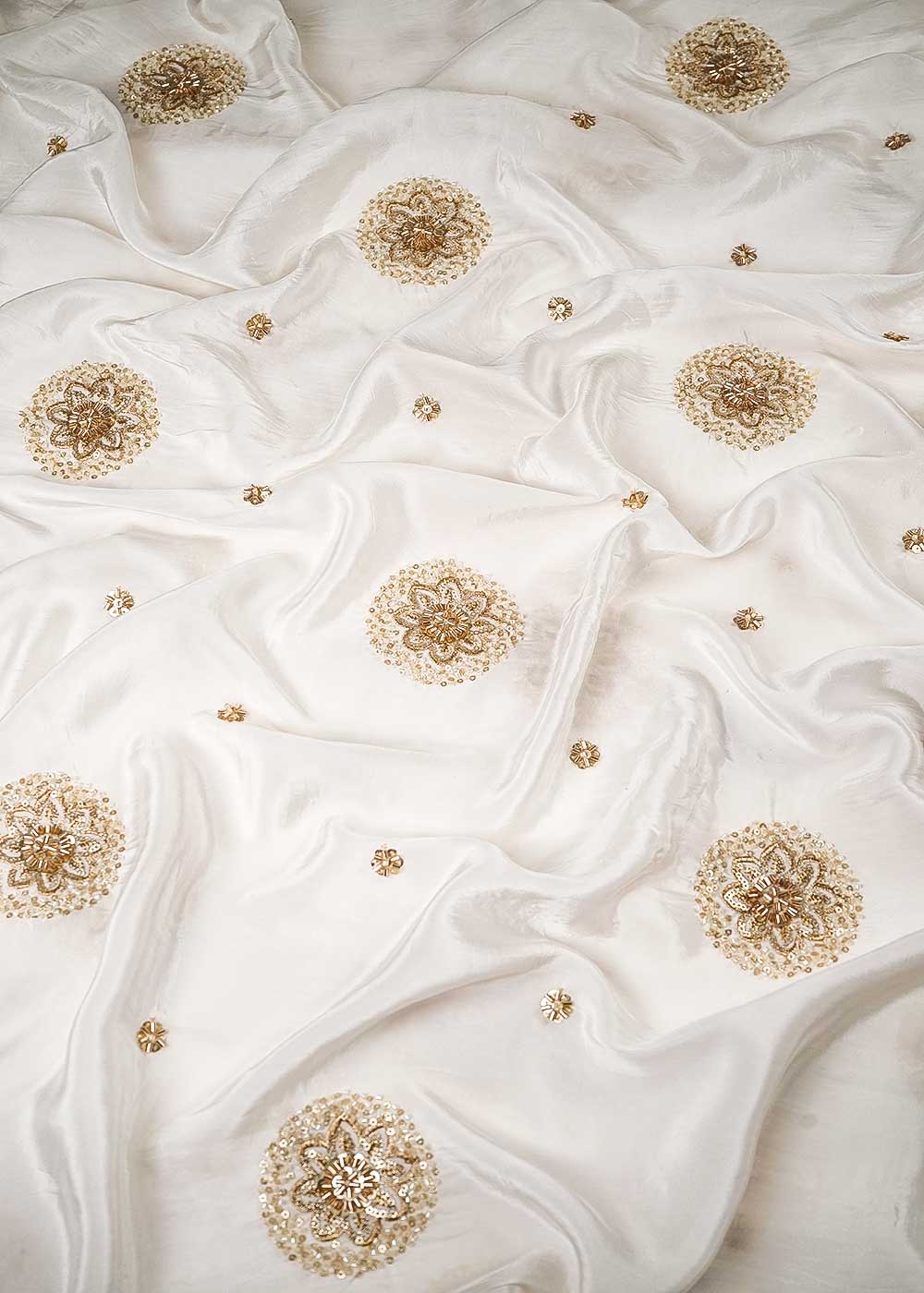 White Dyeable Crepe Fabric With All Over Buti Of Zari, Sequins And Katdana Work 23989