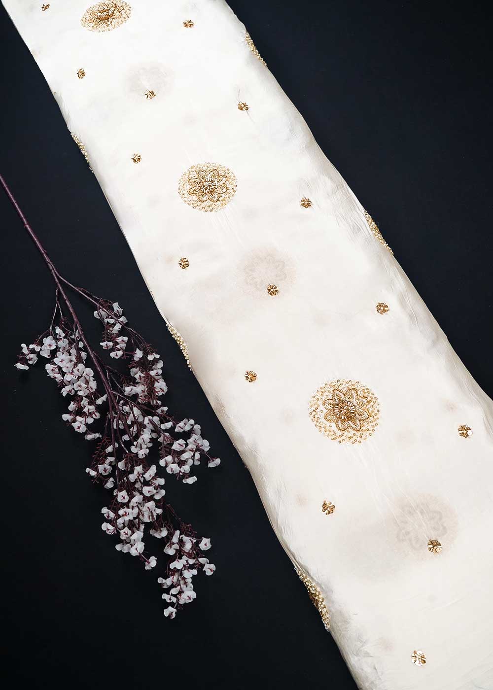 White Dyeable Crepe Fabric With All Over Buti Of Zari, Sequins And Katdana Work 23989