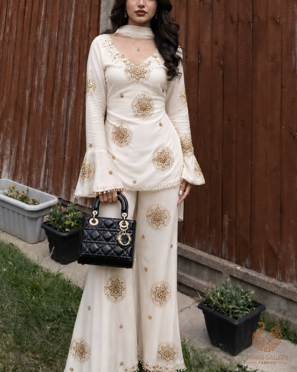 White Dyeable Crepe Fabric With All Over Buti Of Zari, Sequins And Katdana Work 23989