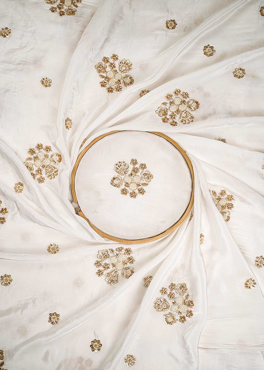 White Dyeable Crepe Fabric With All Over Buti Of Zari, Sequins And Katdana Work 23990