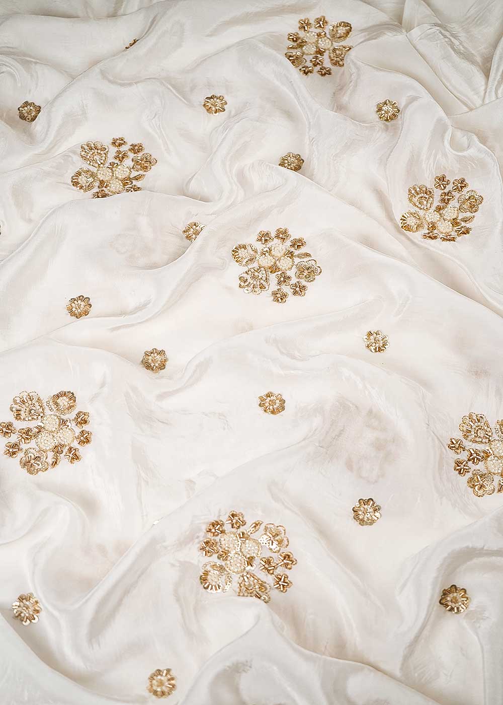 White Dyeable Crepe Fabric With All Over Buti Of Zari, Sequins And Katdana Work 23990