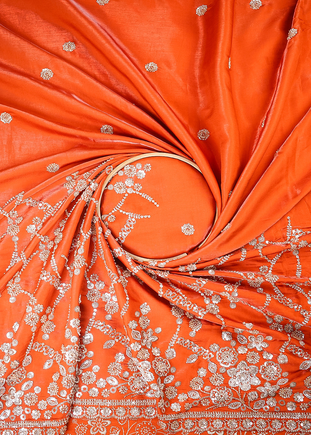 Dark Orange Silk Fabric With All Over Zari, Sequins And Katdana Work With One Side Border 23994