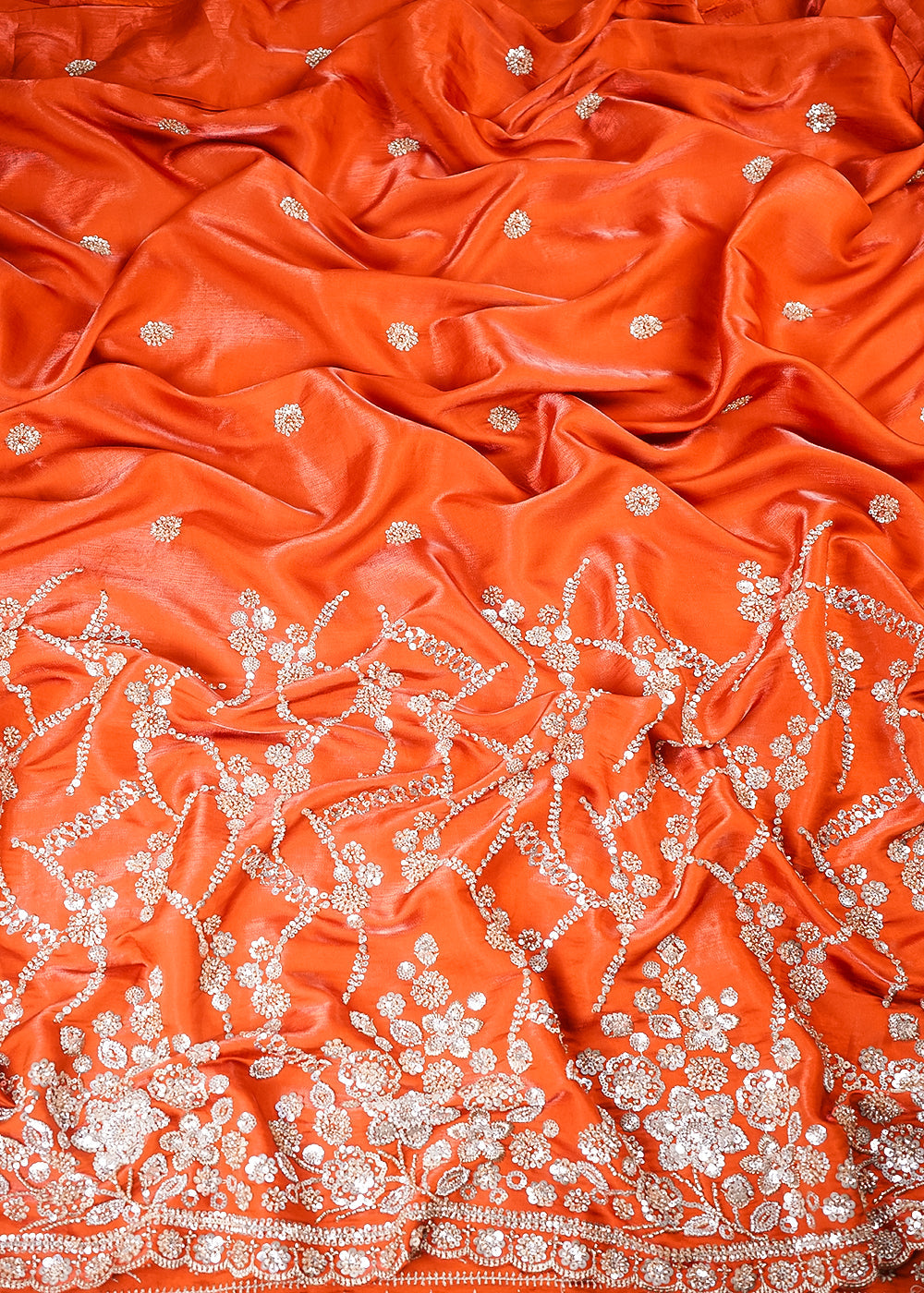 Dark Orange Silk Fabric With All Over Zari, Sequins And Katdana Work With One Side Border 23994