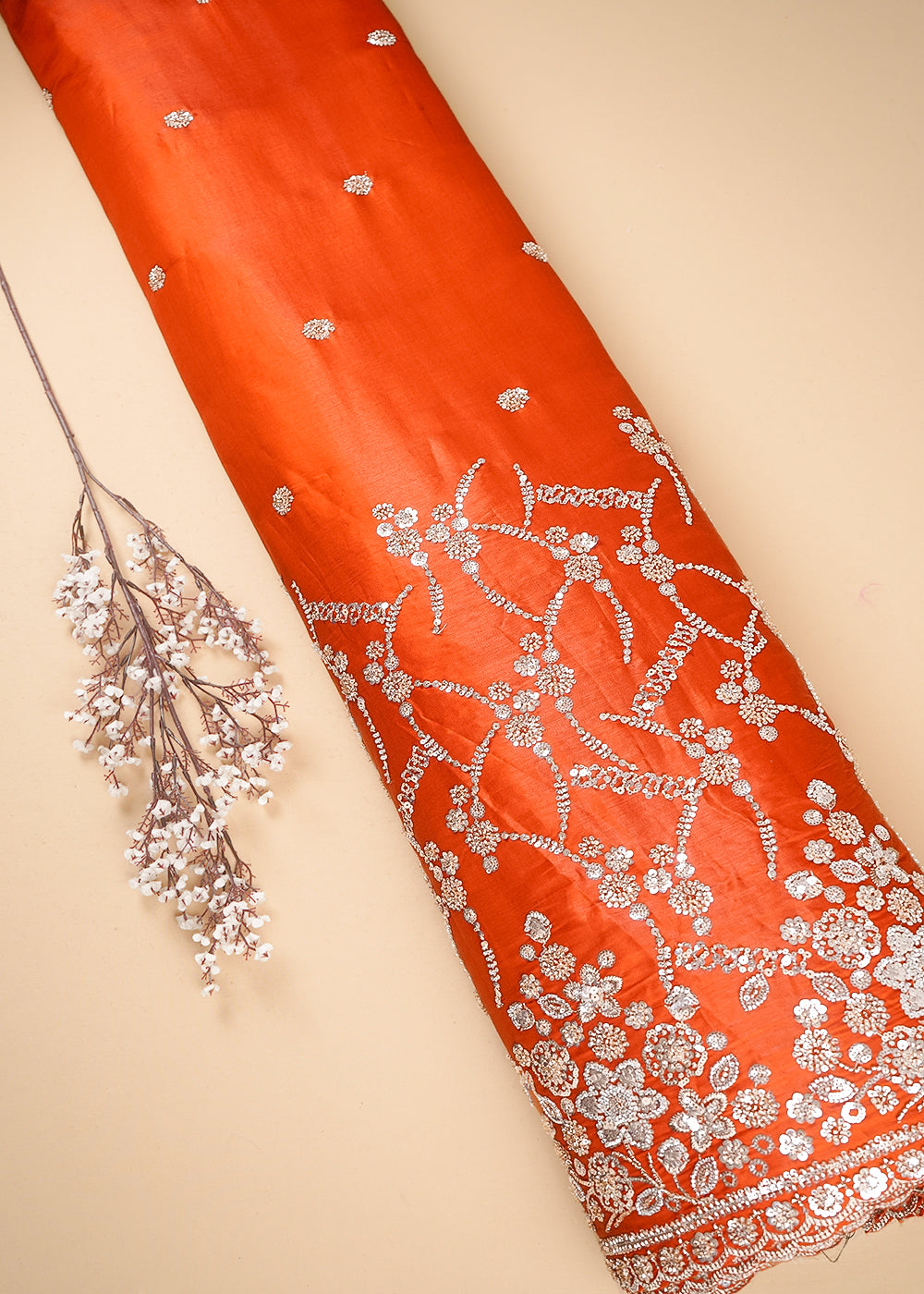 Dark Orange Silk Fabric With All Over Zari, Sequins And Katdana Work With One Side Border 23994