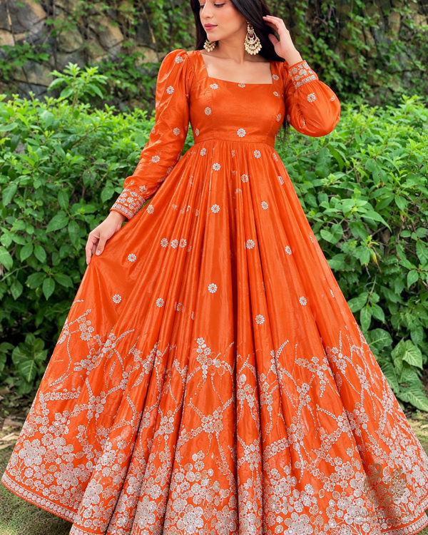 Dark Orange Silk Fabric With All Over Zari, Sequins And Katdana Work With One Side Border 23994