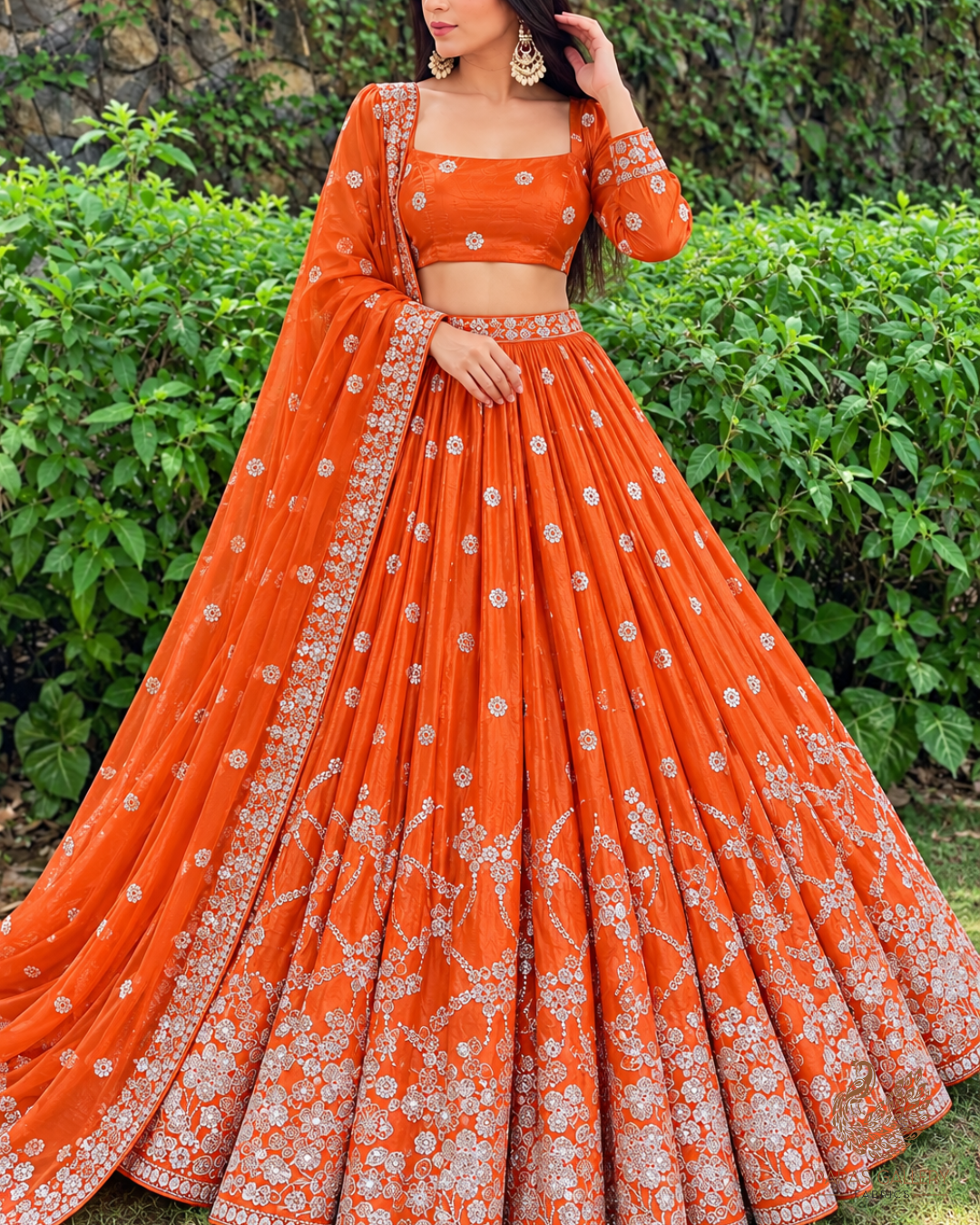Dark Orange Silk Fabric With All Over Zari, Sequins And Katdana Work With One Side Border 23994