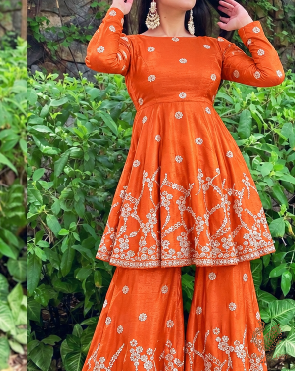 Dark Orange Silk Fabric With All Over Zari, Sequins And Katdana Work With One Side Border 23994