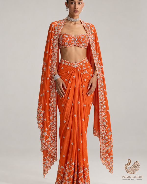 Dark Orange Silk Fabric With All Over Zari, Sequins And Katdana Work With One Side Border 23994
