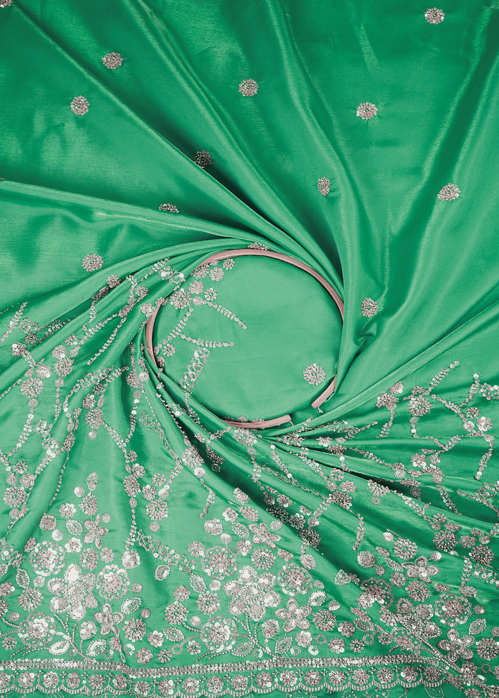 Rama Green Silk Fabric With All Over Zari, Sequins And Katdana Work With One Side Border 23995