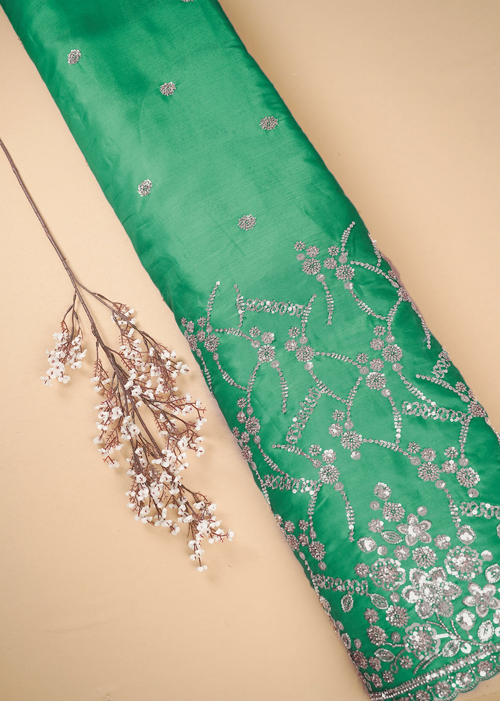 Rama Green Silk Fabric With All Over Zari, Sequins And Katdana Work With One Side Border 23995