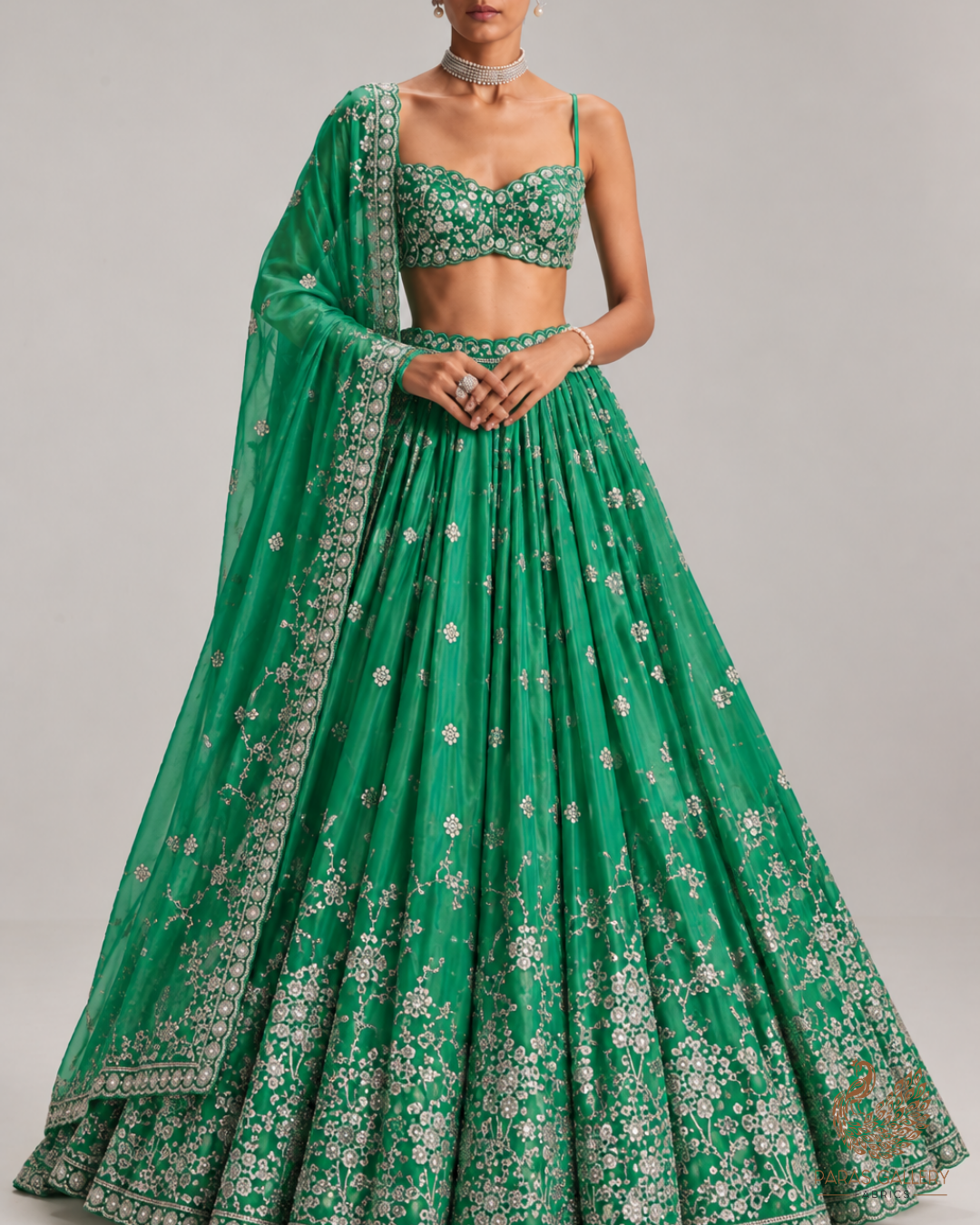 Rama Green Silk Fabric With All Over Zari, Sequins And Katdana Work With One Side Border 23995