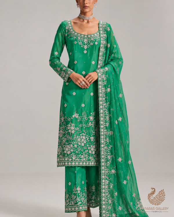 Rama Green Silk Fabric With All Over Zari, Sequins And Katdana Work With One Side Border 23995