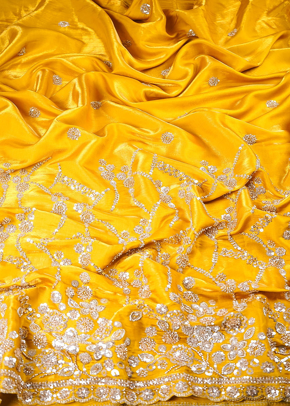 Mustard Silk Fabric With All Over Zari, Sequins And Katdana Work With One Side Border 23996