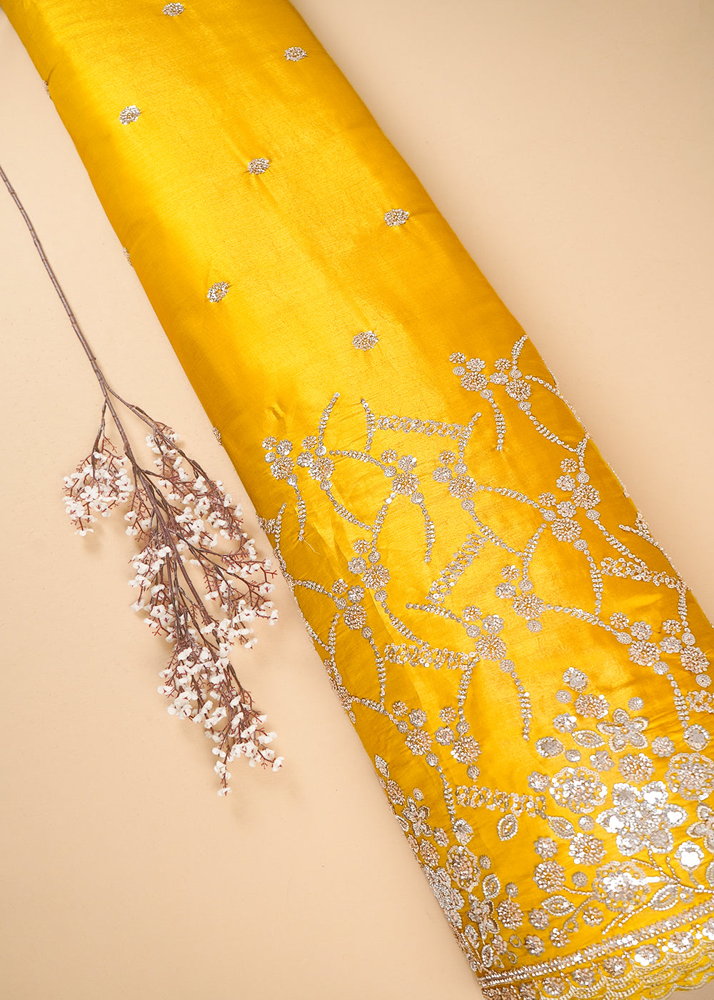 Mustard Silk Fabric With All Over Zari, Sequins And Katdana Work With One Side Border 23996