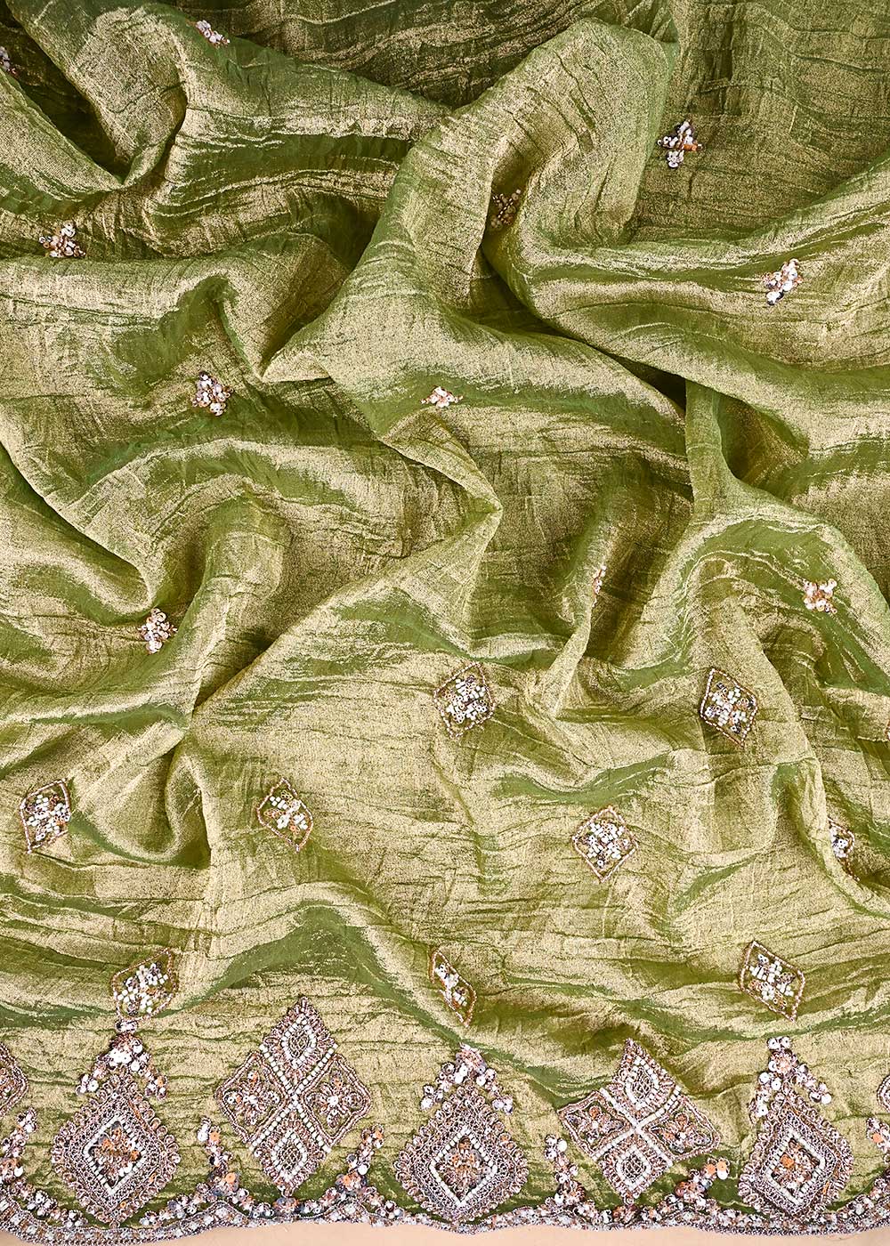 Pista Green Crushed Tissue Fabric With All Over Zari, Sequins, Katdana And Bead Work 23997