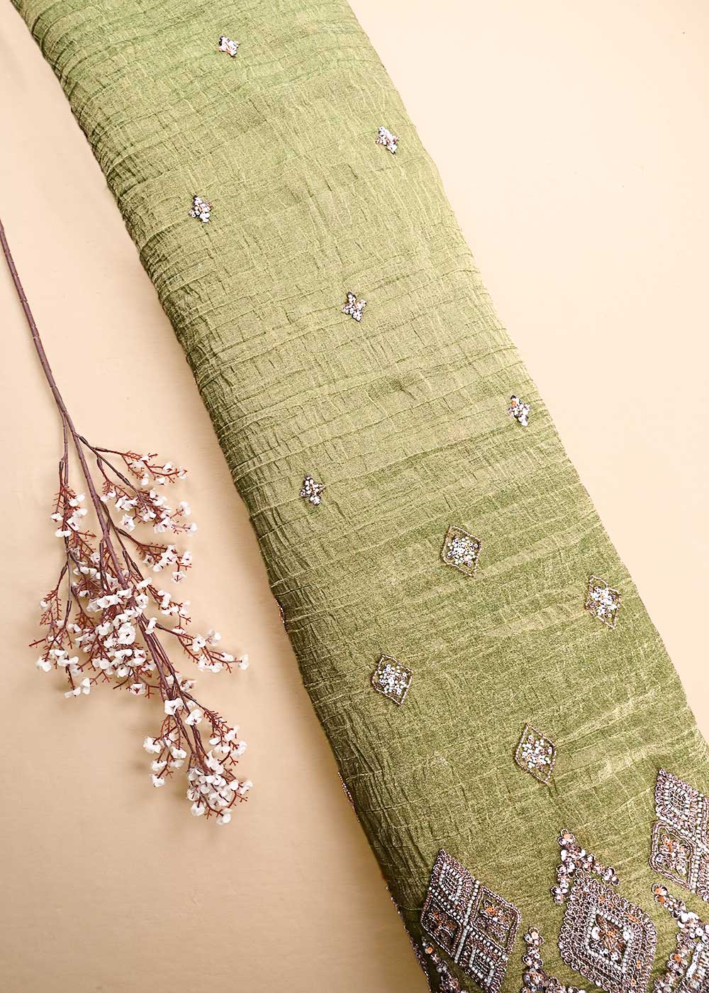 Pista Green Crushed Tissue Fabric With All Over Zari, Sequins, Katdana And Bead Work 23997