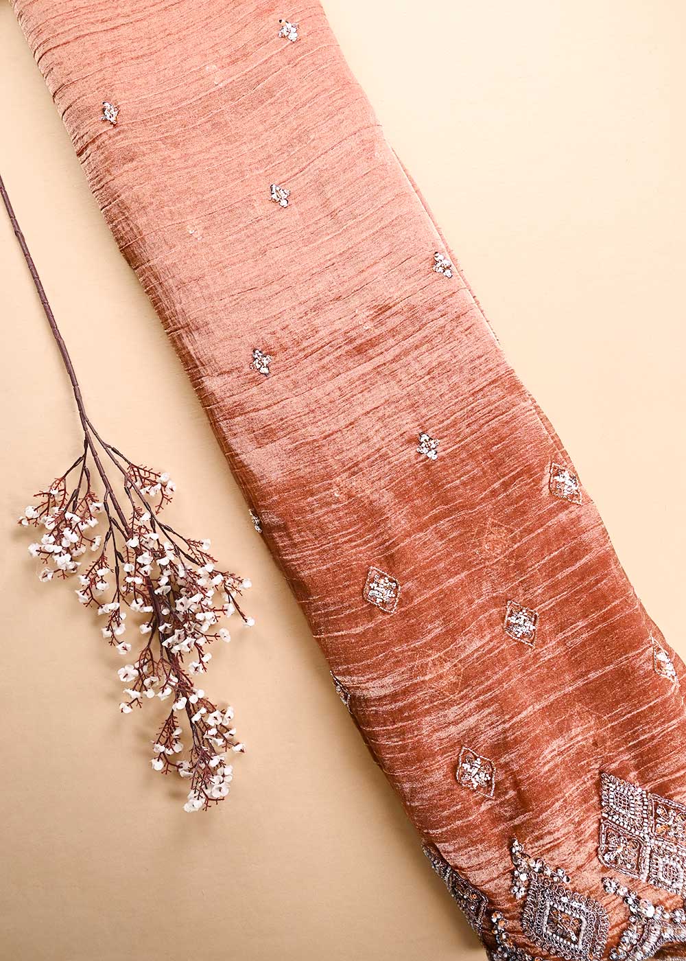 Rust Orange Crushed Tissue Fabric With All Over Zari, Sequins, Katdana And Bead Work 23998