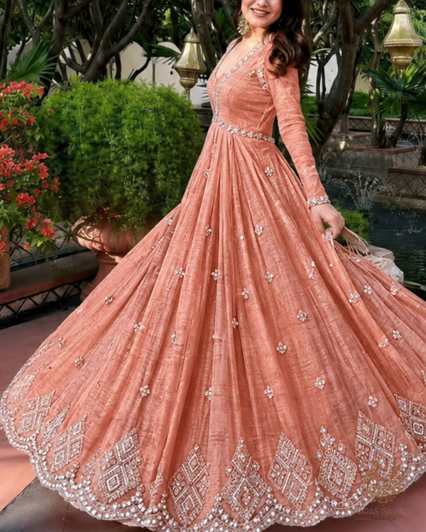 Rust Orange Crushed Tissue Fabric With All Over Zari, Sequins, Katdana And Bead Work 23998