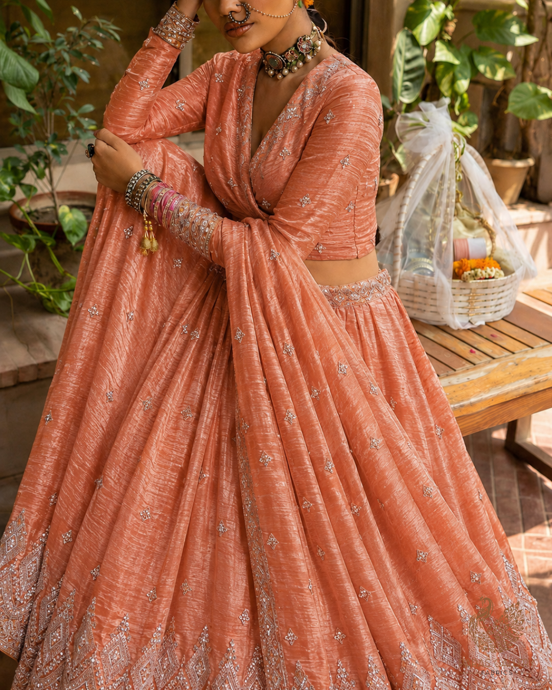 Rust Orange Crushed Tissue Fabric With All Over Zari, Sequins, Katdana And Bead Work 23998