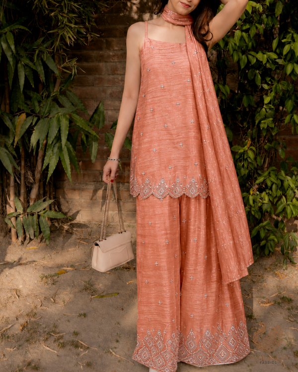 Rust Orange Crushed Tissue Fabric With All Over Zari, Sequins, Katdana And Bead Work 23998