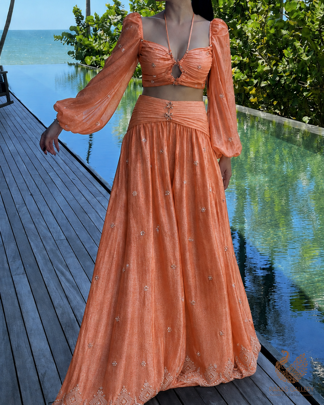 Rust Orange Crushed Tissue Fabric With All Over Zari, Sequins, Katdana And Bead Work 23998