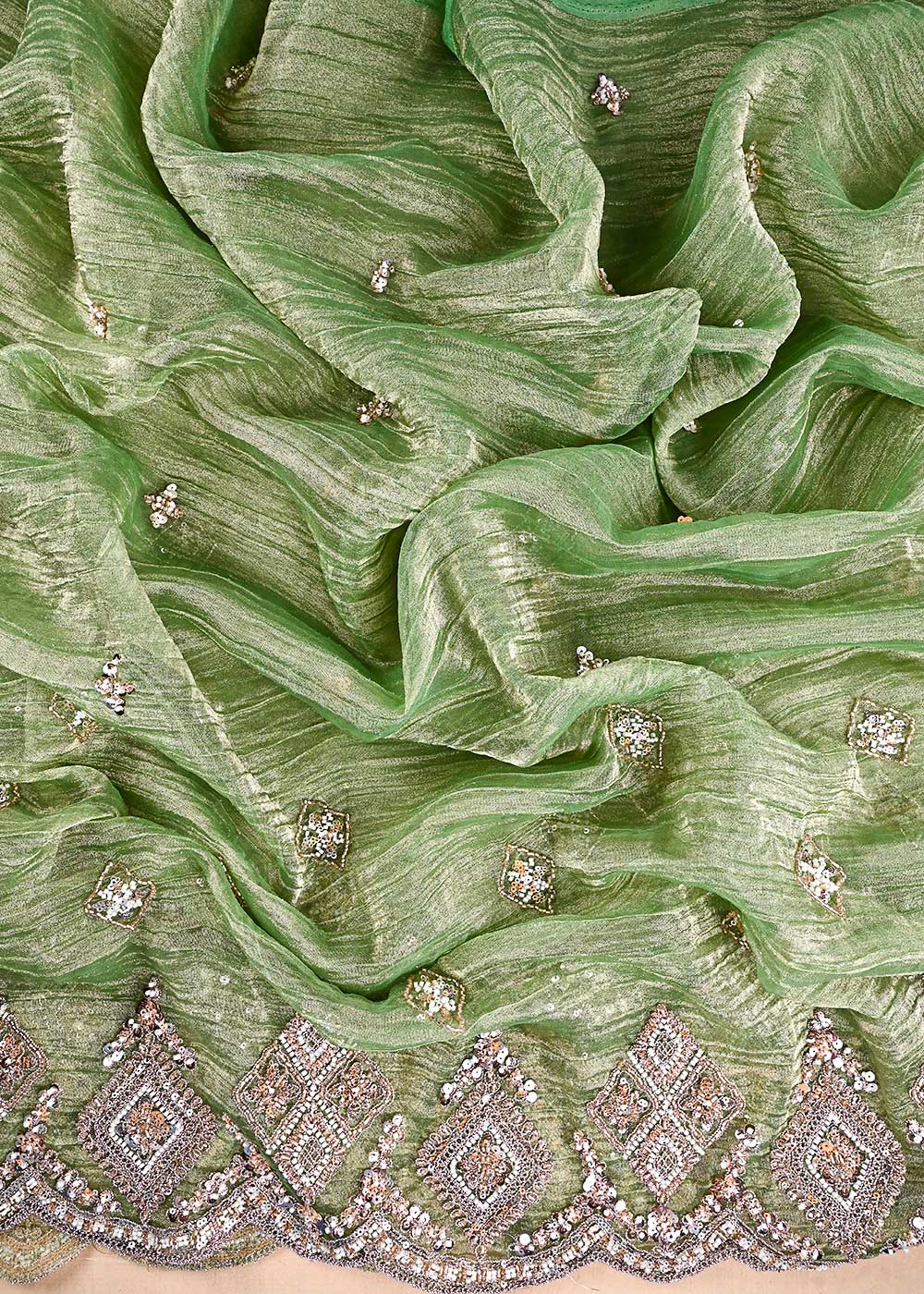 Green Crushed Tissue Fabric With All Over Zari, Sequins, Katdana And Bead Work 23999