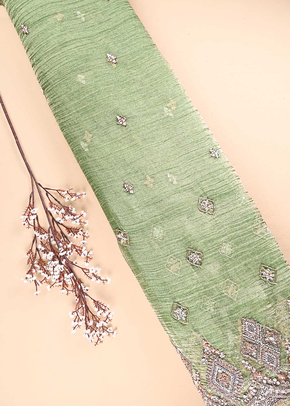 Green Crushed Tissue Fabric With All Over Zari, Sequins, Katdana And Bead Work 23999