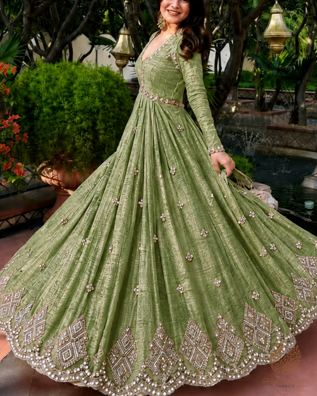 Green Crushed Tissue Fabric With All Over Zari, Sequins, Katdana And Bead Work 23999