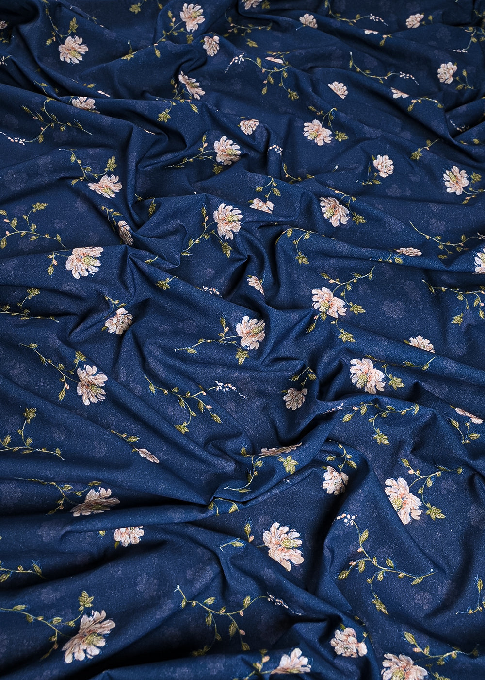 Blue Cotton Fabric With All Over Thread And Cutwork 24000