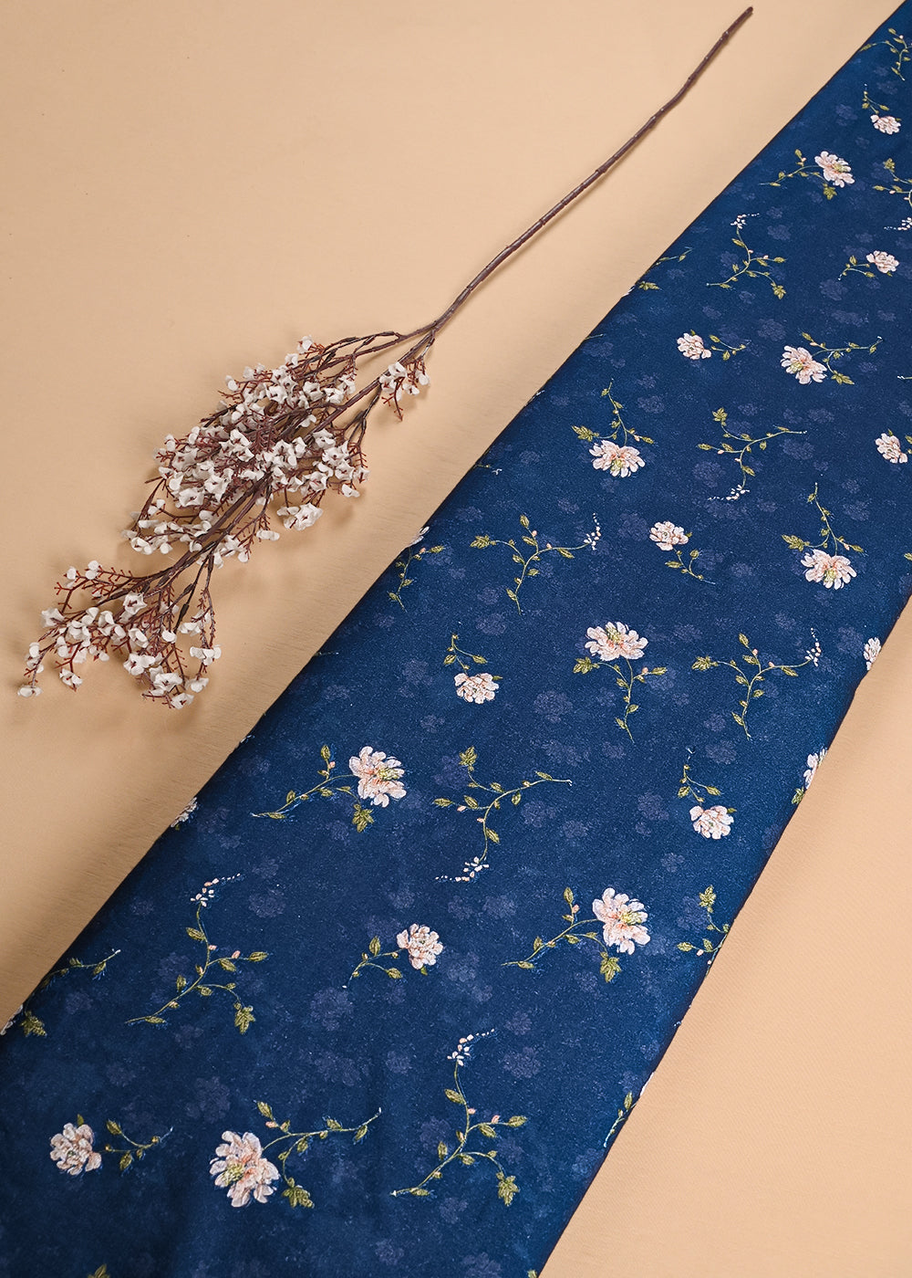 Blue Cotton Fabric With All Over Thread And Cutwork 24000