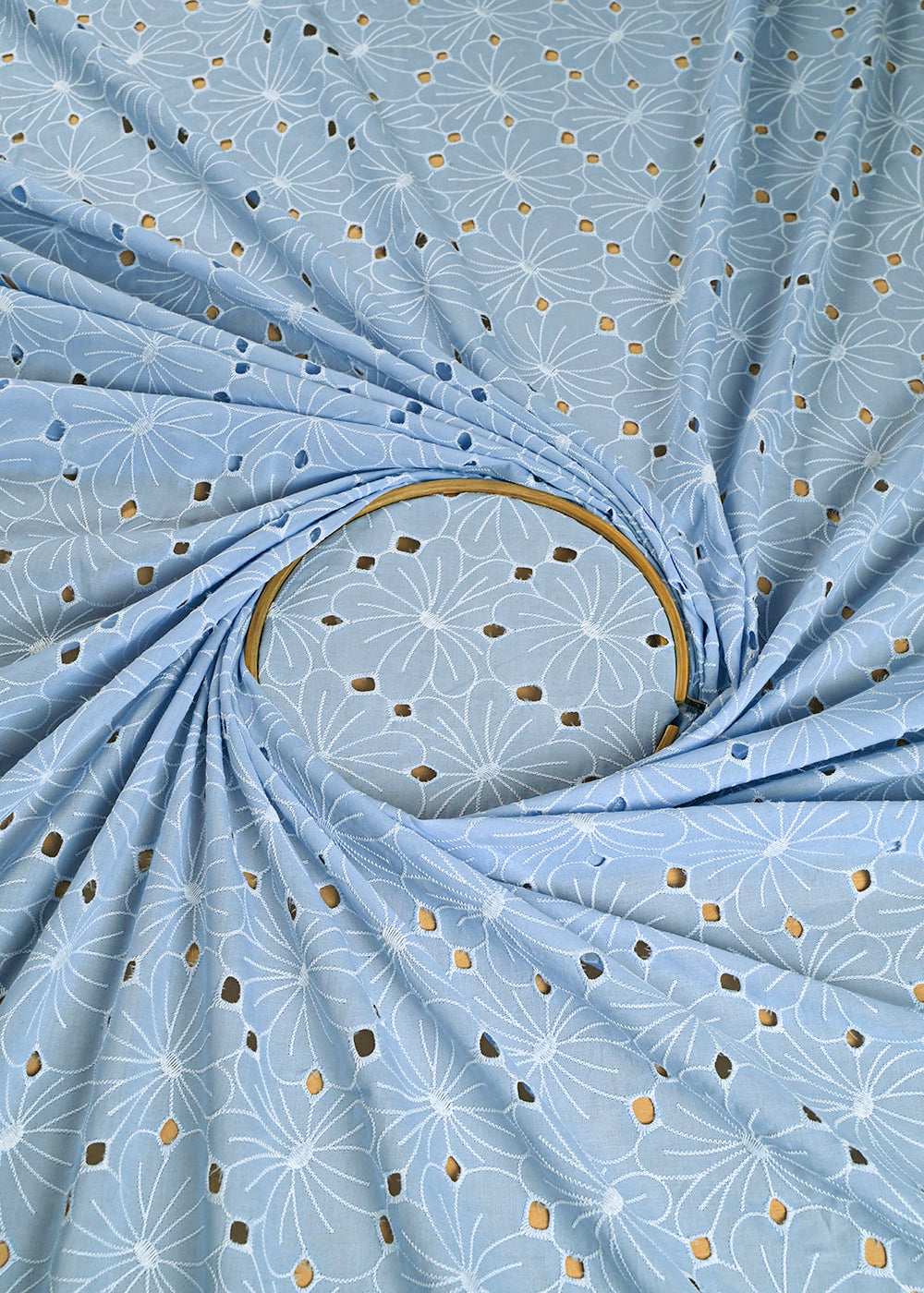 Powder Blue Cotton Fabric With All Over Thread And Cutwork 24001