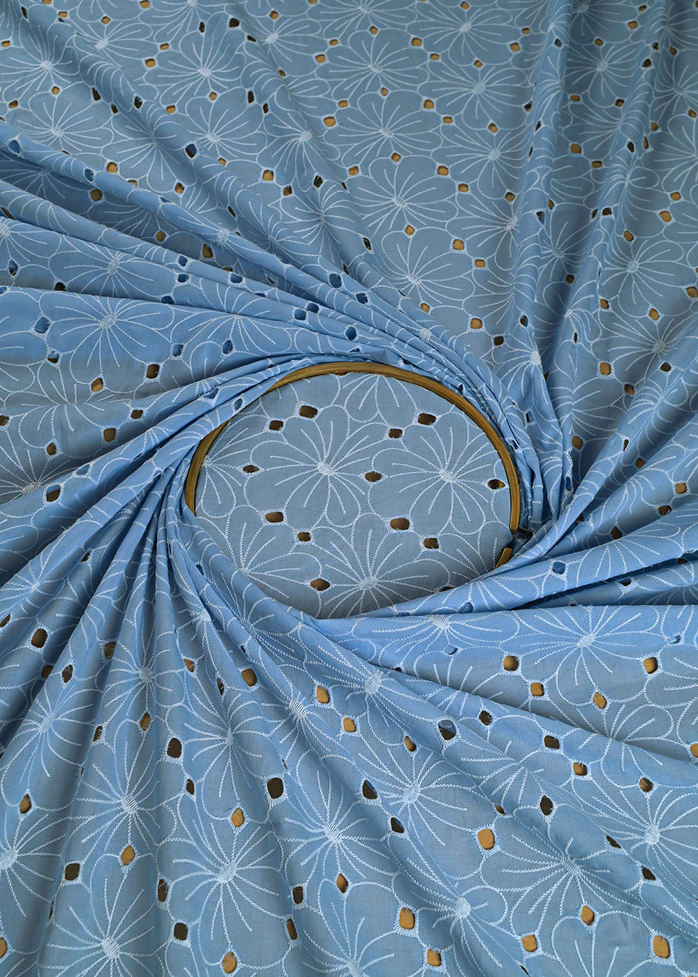 Powder Blue Cotton Fabric With All Over Thread And Cutwork 24001