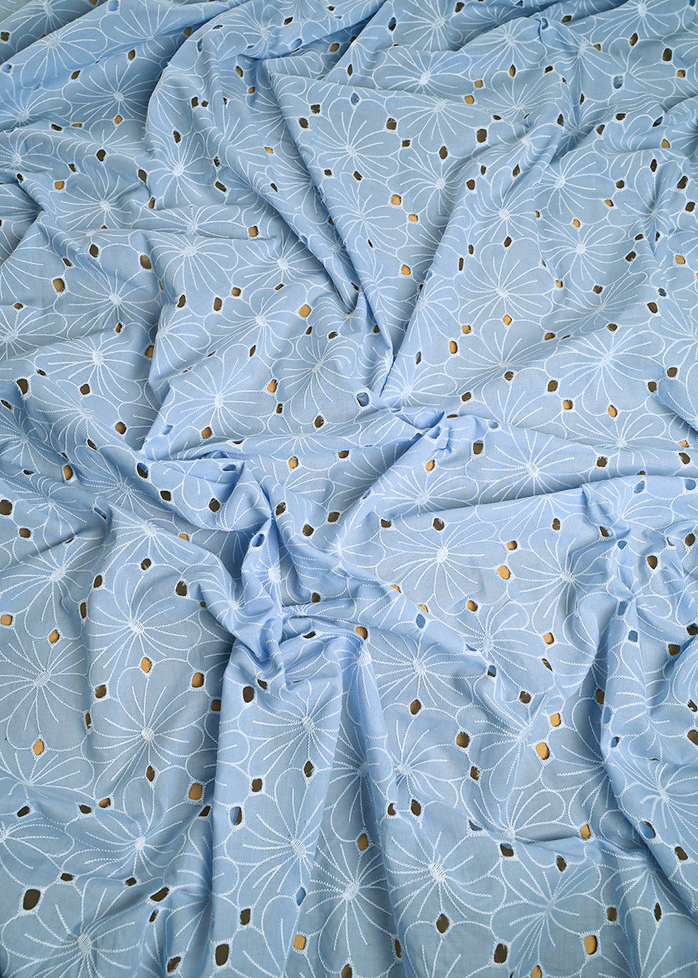 Powder Blue Cotton Fabric With All Over Thread And Cutwork 24001